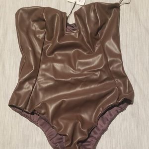Zara faux leather bodysuit chocolate brown